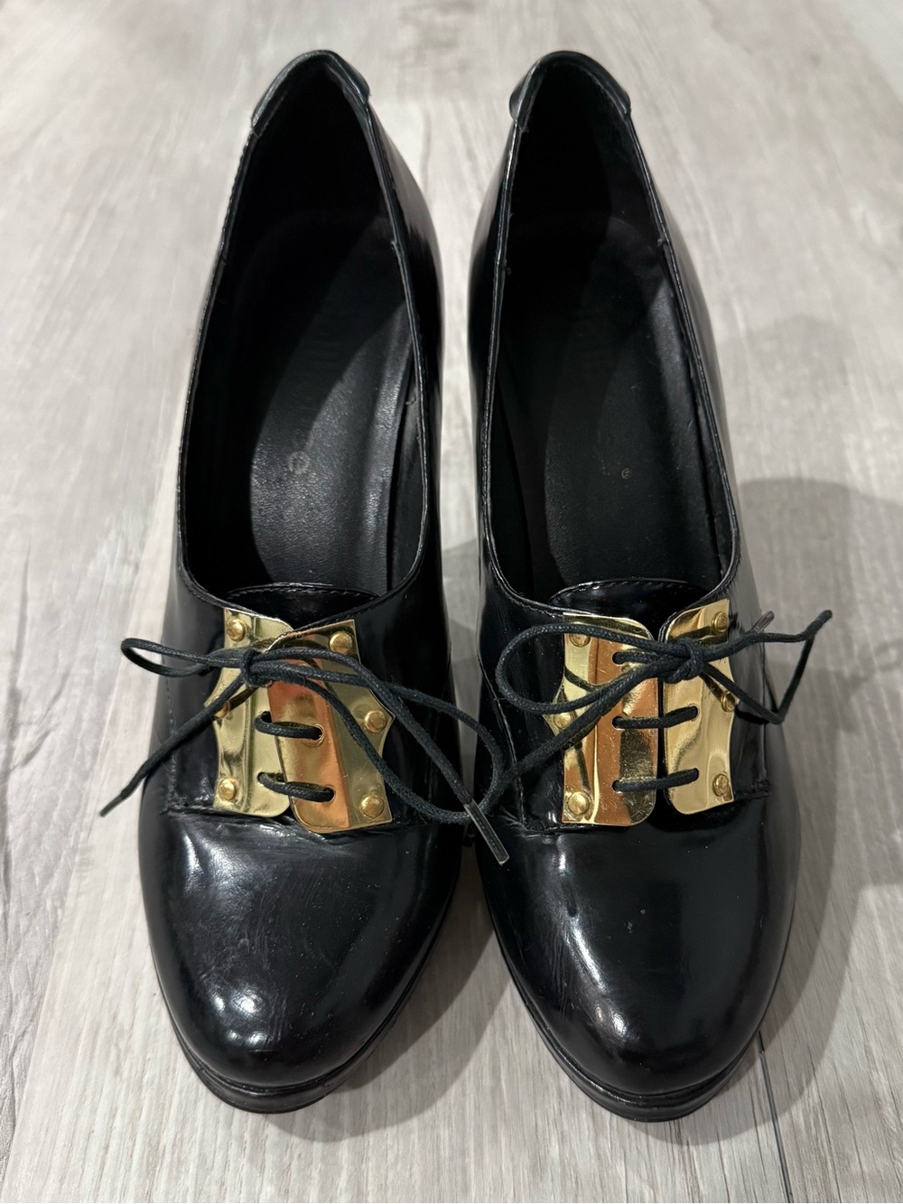 Dollhouse Black Patent Lace-Up Heels with Gold Plate